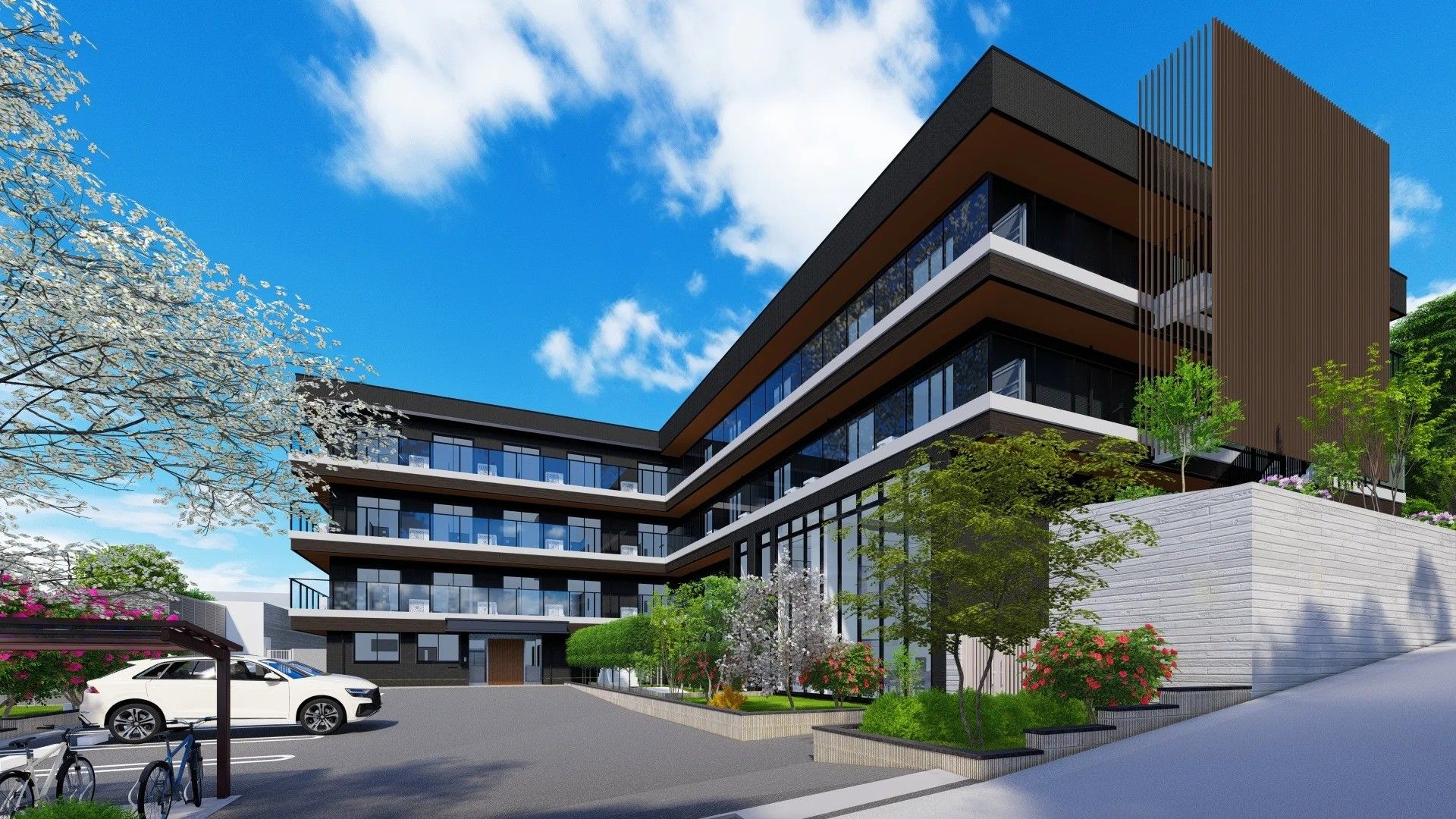 緑豊かな建物の外観