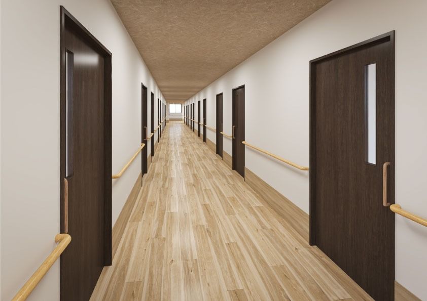 長い廊下と扉の並ぶ通路
