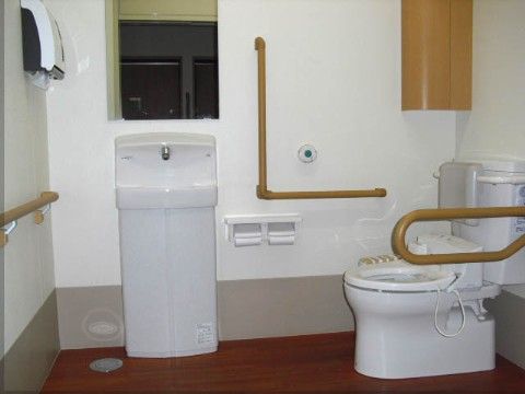 洗面台の横の壁に、ペーパータオルが用意してある。便座の背もたれ部分にクッションを設置しており、両サイドに手すりがある。