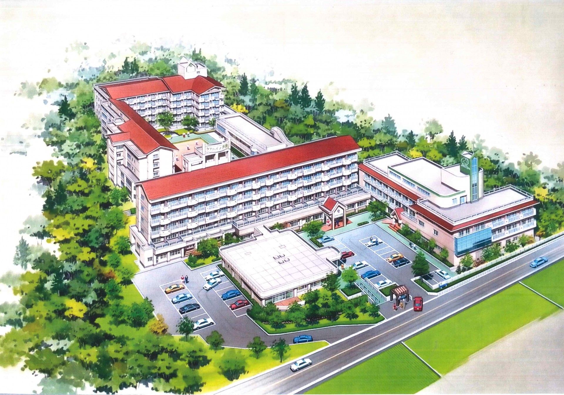 緑に囲まれた建物外観