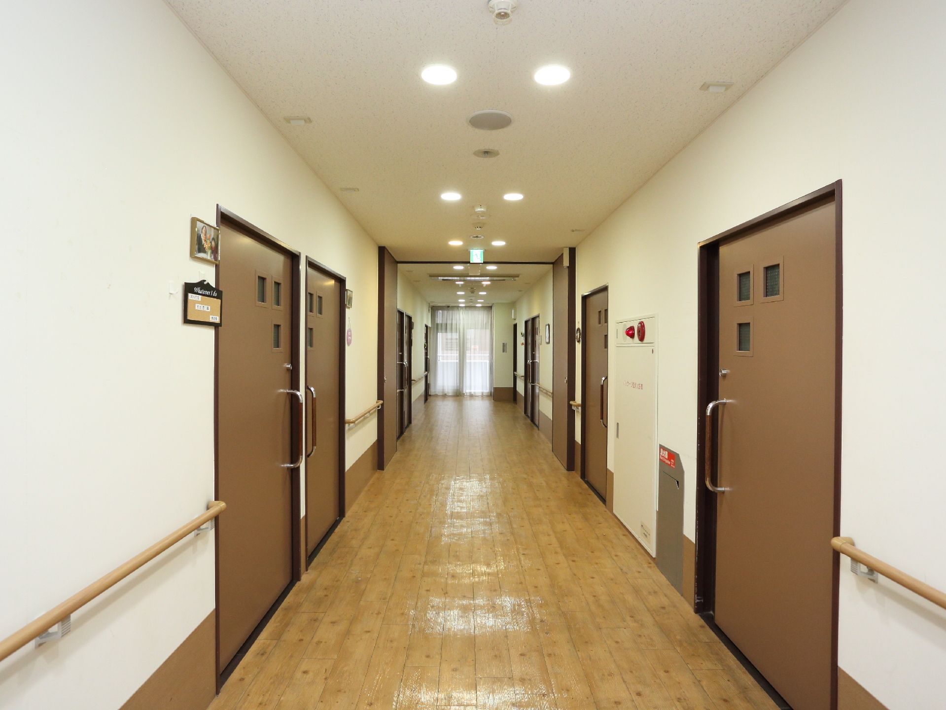 廊下の突き当たりからは外光が差し込んでいる。両側の壁には手すりとスライド式の大きめの扉がいくつも設置されている。