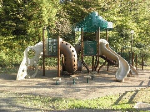 近くには緑豊かな公園がある。すべり台がたくさんついた、アスレチックを思わせる大きな遊具が設置されている。