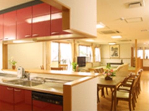 リビングに大きなカウンターキッチンが備え付けられている。上下部分には、赤い扉の付いた収納棚が設置されている。