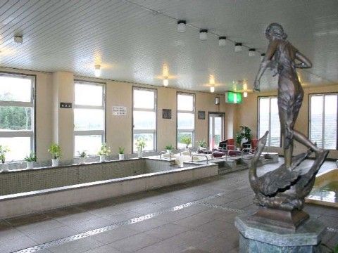 大浴場は、温泉施設をイメージする造りになっている。中央は広々としたスペースを設け、側面には縦長の窓が並び明るい空間である。