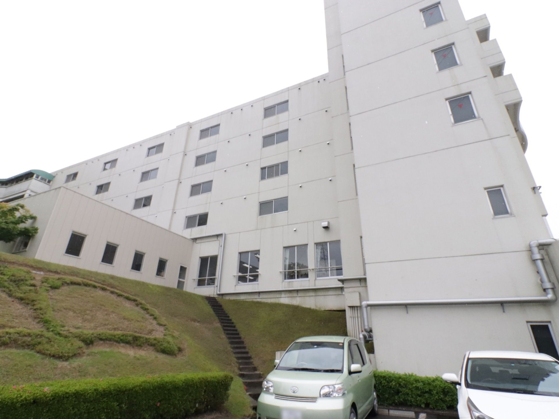 芝生の生えた坂の上に、大きな建物が建っている。坂の下は、駐車場になっており、乗用車が何台か停められている。