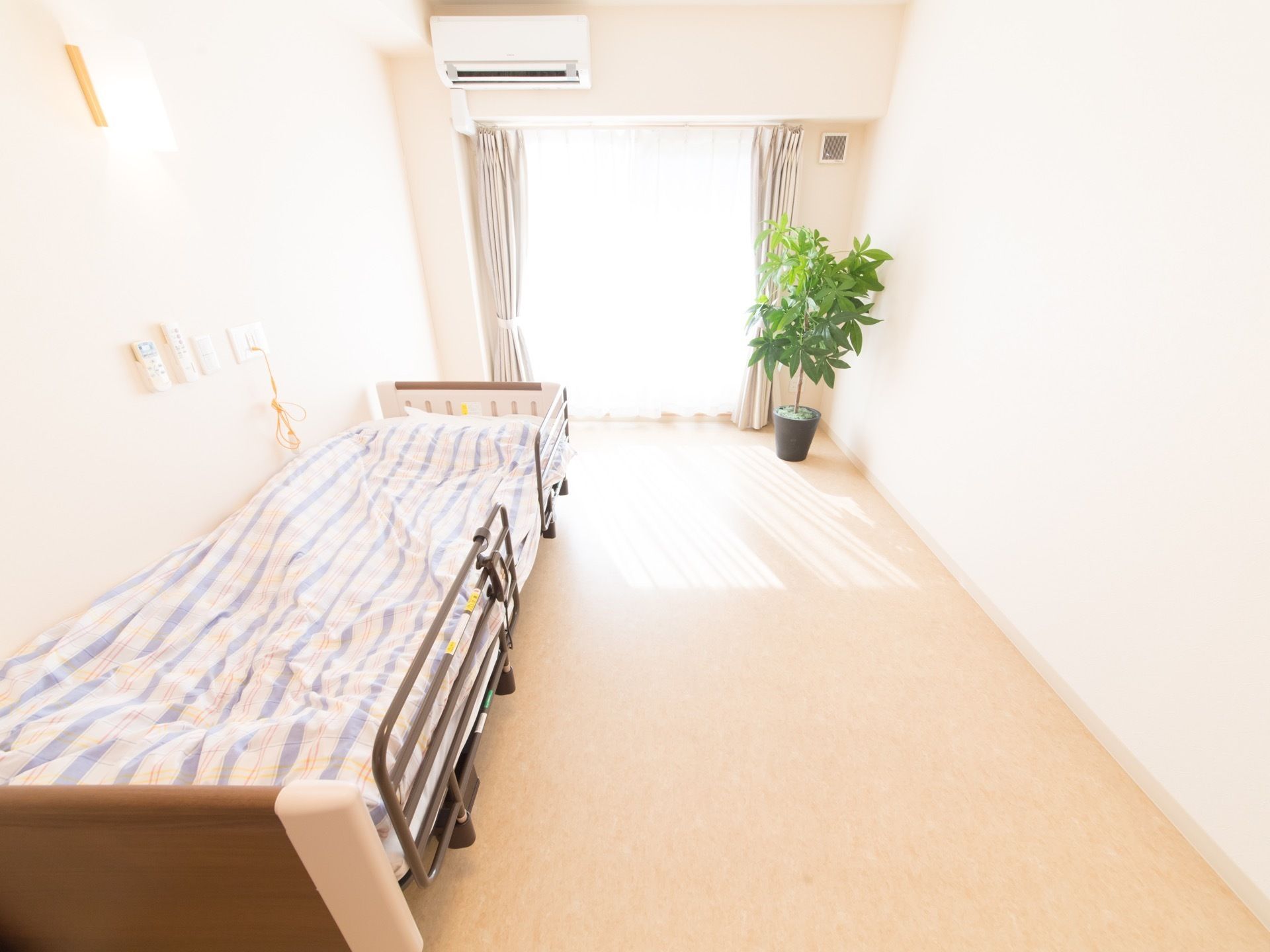 ベランダに面した明るく、広々としたスペースがある居室。壁際にベッドが置かれ、窓辺には観葉植物が置かれている。