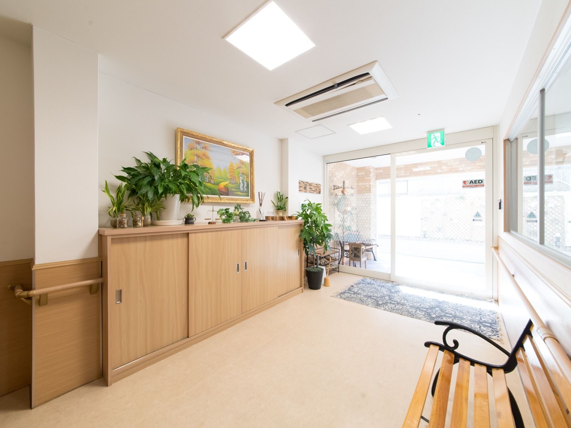 玄関には広く開閉する自動ドアが設置されている。靴箱の上や床には観葉植物が飾られている。入り口からエントランスまでバリアフリーになっている。