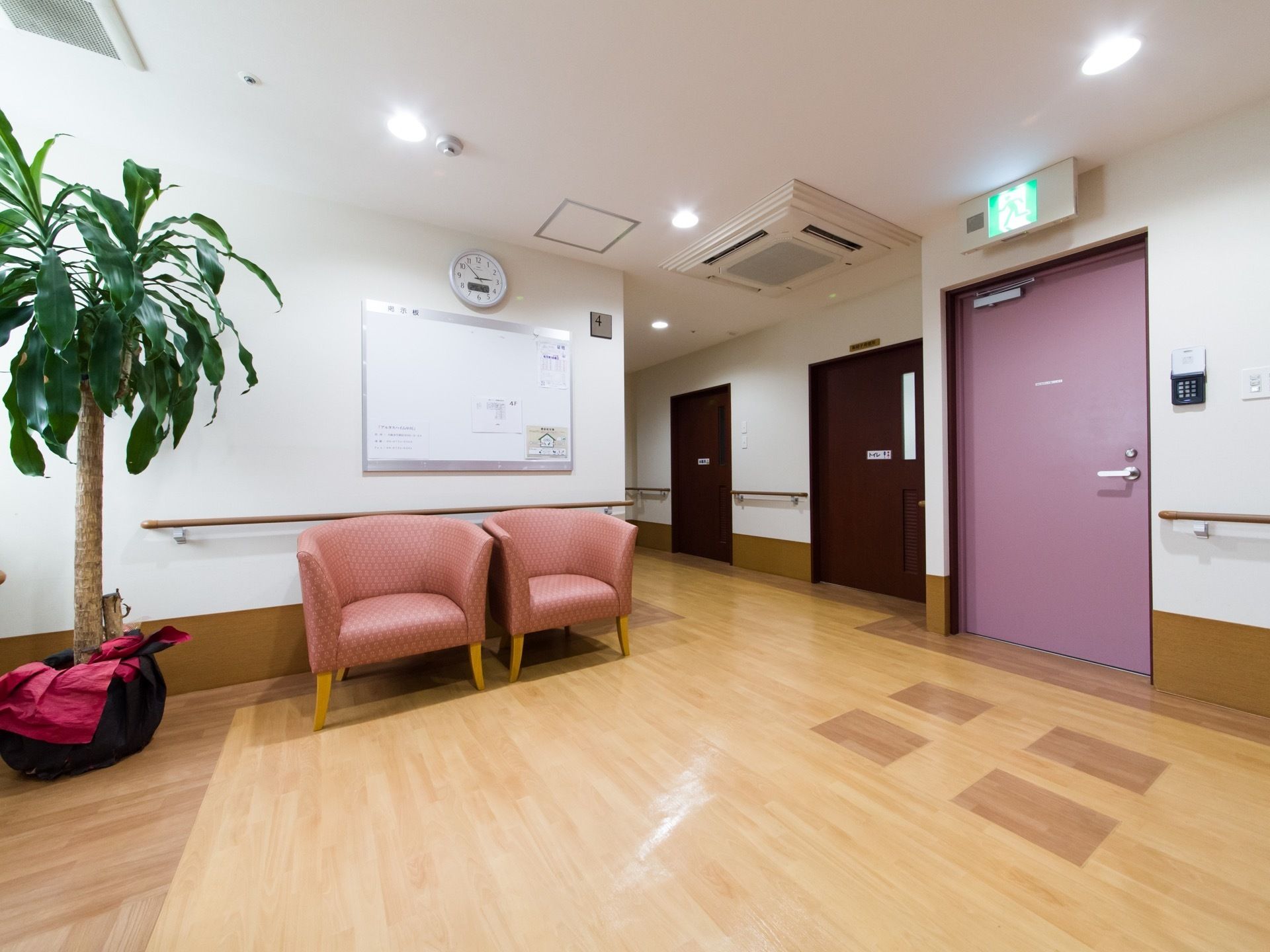 広々としたホールの壁には掲示板が設置され、大きな観葉植物とピンク系のゆったりとした椅子が置かれている。
