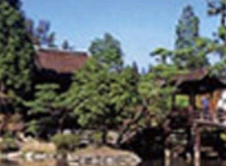 寺院の境内の日本庭園の外観である。緑の木々が生い茂り、池、太鼓橋、伽藍などが適切に配置され、美しい景観である。