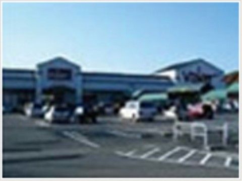 施設近隣にはスーパーマーケットがある。入口には三角形の屋根があり、店名が表示されている。建物の前面には駐車場がある。