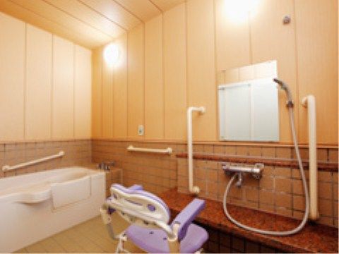 突き当りに浴槽があり、手前にはシャワー台がある。シャワー台前の鏡の両脇と、シャワーと浴槽の間、浴槽脇にも手すりが付いている。