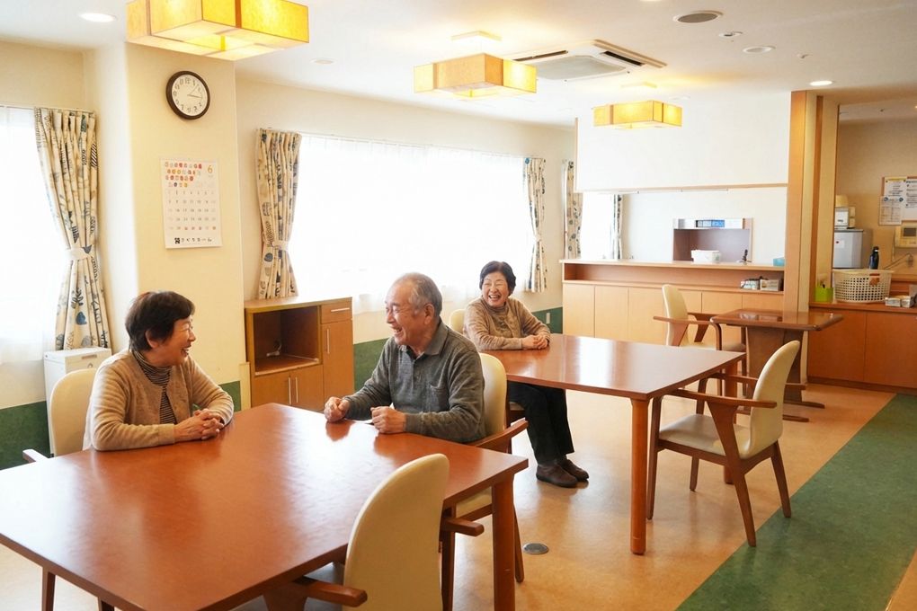 広々とした共有のダイニングルームでは食事をしたり、機能訓練をしたり、入居者さん同士の交流の場となっている。